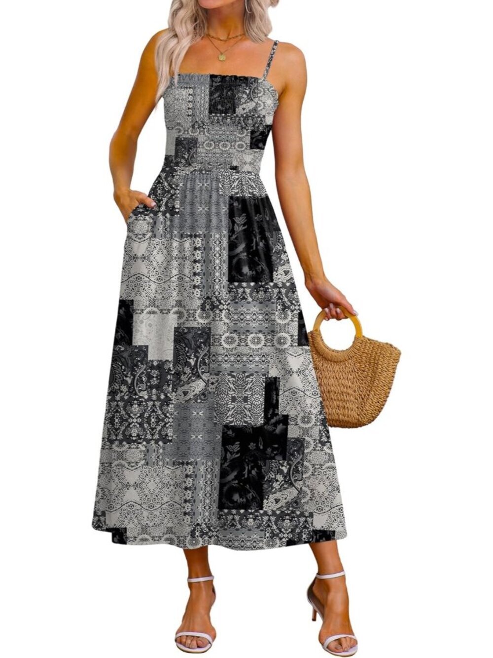 Women's Color Blocked Spaghetti Strap Smocked Casual Boho Beach Long Maxi Dress